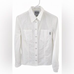 Vintage Y2K 90s Versace Jeans Couture White Embellished Button Front Shirt Sz S